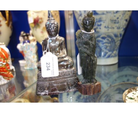 A "SILVER" OVERLAID STUDY OF BUDDHA, 17 cm high  and a carved jade figure, 13 cm high