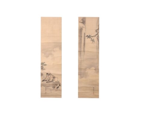 TA 5% Vat. KANŌ SOSEN (1814 — 1897)Poet Libai at the Lushan WaterfallEdo period, circa 1870sA pair of Japanese hanging scroll