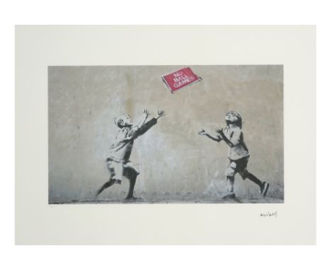 Banksy print - numbered and with name stamp || BANKSY (° 1973) (° 1973) print in kleuren n° 55/89 : "Balspel"  -  57 x 76 gen