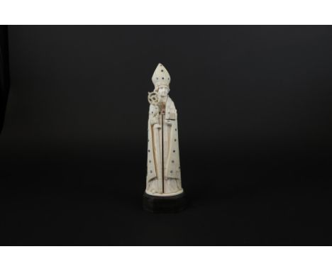 19th Cent European sculpture in ivory with small cabochons of different gemstone types and small pearls: "Bishop with staff, 