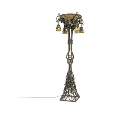 quite imposing Belgian Louis Van Boeckel signed Art Deco floor lamp in wrought iron and with its original bowl and shades in 