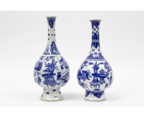 two 17th/18th Cent. Chinese Kang Hsi period vases in porcelain with finely executed blue-white decors with figures in a garde