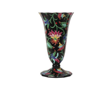 Art Deco vase in Longwy marked ceramic with a typical decor on a quite rare black background || Art Deco-vaas in faïence, gem