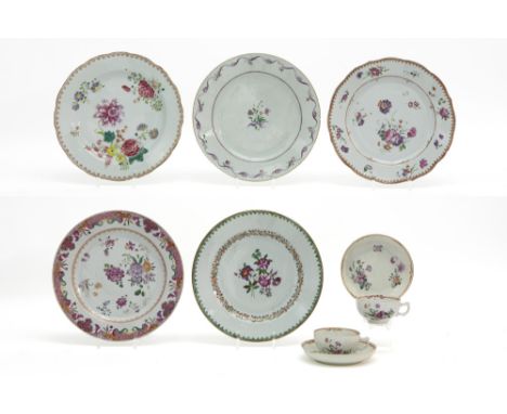 nine 18th Cent. Chinese porcelain items with a polychrome (mostly 'Famille Rose') decor : five plates and two sets of cup and