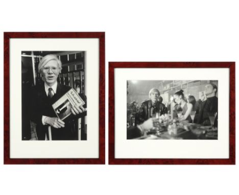 two photoprints in black and white of Andy Warhol || Twee fotoprints in zwart-wit met archiefbeelden uit het leven van Andy W