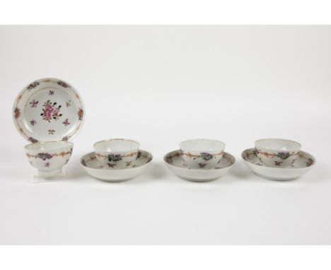 four 18th Cent. Chinese sets of cup and saucer in porcelain with a polychrome floral decor || Vier achttiende eeuwse Chinese 