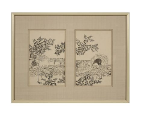 print with the depiction of cranes || Houtsnede met de voorstelling van kraanvogels  -  21 x 30 