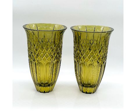 True olive green glass vases with crisscross and panel design. Marquis by Waterford acid marks on the bases. Issued: 2008 - 2