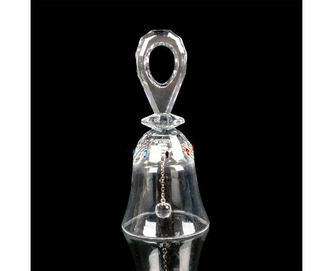 Silver crystal bell with faceted key hole handle and a rainbow of marquis shaped crystals decorating its shoulder. Clapper is