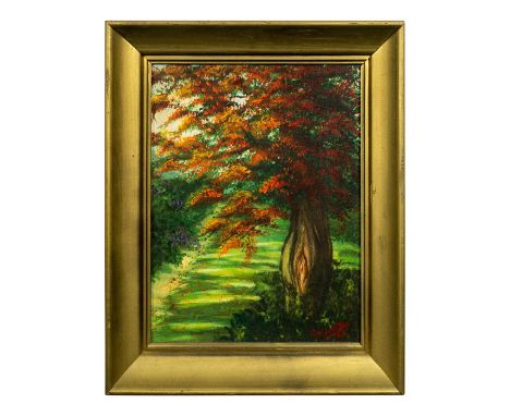 Print on thick cardstock depicting a green grass trail with a blooming royal poinciana tree with a vulva-like opening in the 
