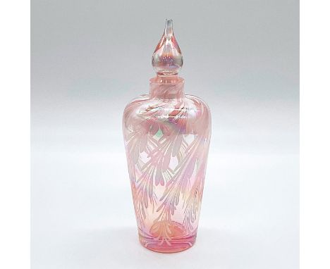 A beautiful pink bottle adorn with white luster laurels, and a tear-shape stopper. Golden Crown E &amp; R stickers on the bas