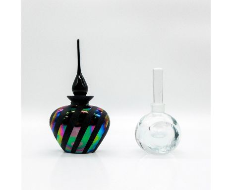 Golden Crown E&amp;R black art glass with stopper, designed with black iridescent stripe designs, measures 3"W x 5.75"H with 