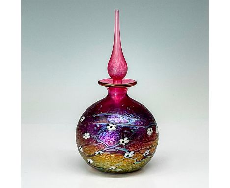 Beautiful iridescent pink and purple perfume bottle with stopper. Artist signed and numbered to bottom base. Artist: R. P. Go
