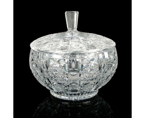 In elegant crystal cut geometric design. Lid has opening for ladle. Dimensions: 9.5"L x 9.5"W x 9.25"HCountry of Origin: Unit