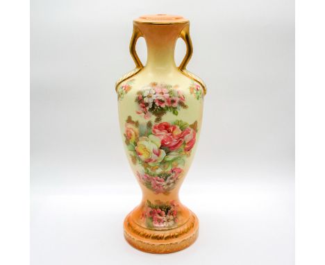 Beautifully vase-shaped lamp base; adorn with pink painted roses and gilded gold accents.Dimensions: 14"" H x 5.25""Dia.Condi