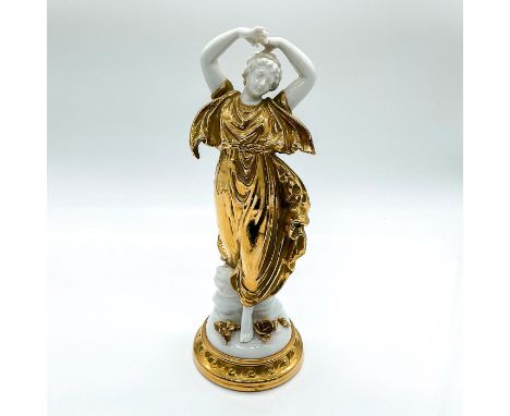 A maiden in a gilded peplos with her arms over her head. Standing on a base with a swirl pattern.Voigt Bros blue line marking