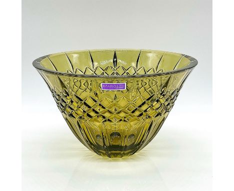 A true olive green glass bowl with crisscross and panel design. Marquis by Waterford sticker on the side. Issued: 2008 - 2011