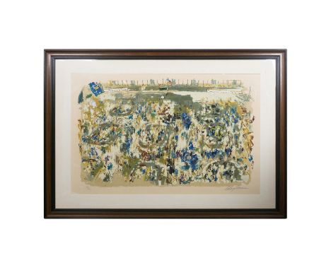 Title: Stock Market. Framed serigraph print depicting an abstract expressionist landscape of the New York stock exchange trad