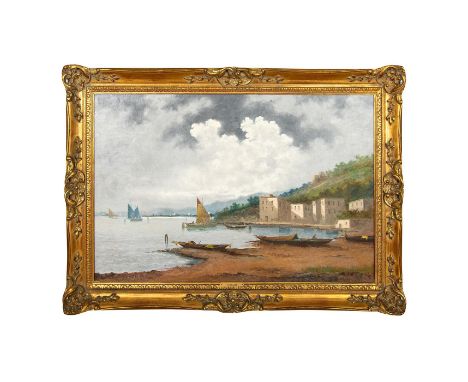 Seascape with boats and houses on the bank. Signed lower left and on verso. Measures 42" x 30" including frame, 35" x 23" ima