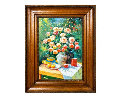 Large original painting; signed on lower right. Depicts a bouquet of flowers in the vase, fruits and a straw hat on outdoor t