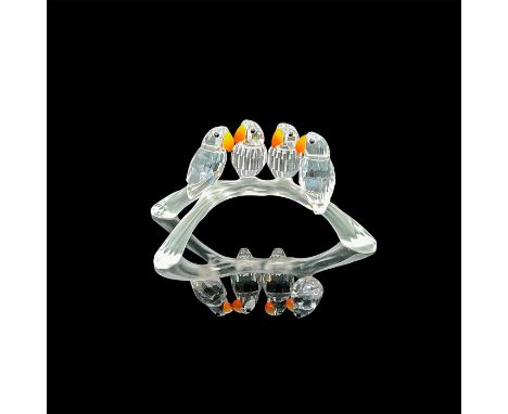 Four clear faceted crystal birds perched on a frosted arched branch. Fire opal crystal beaks. Swarovski acid mark. This item 