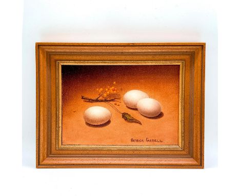 Golden Eggs™ oil painting on canvas panel. Housed in wooden frame. Depicts three eggs and sprig with berries. Signed lower ri