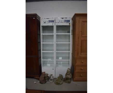 A pair of metal frame and glass shop display cabinets, with lighting, glass to all four sides, keys present
approx 43cm by 36