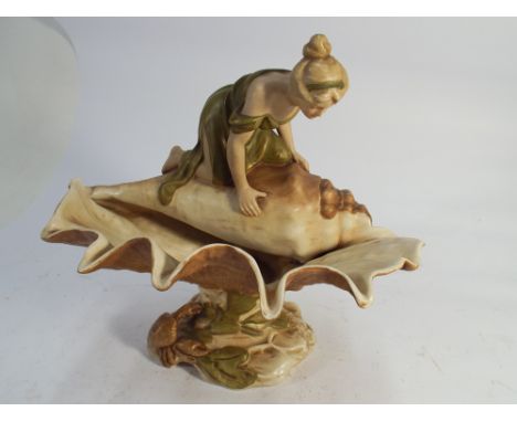Royal Dux art nouveau figurine centrepiece bowl modelled as a maiden looking into a Conch shell.  Pink triangular mark to bas