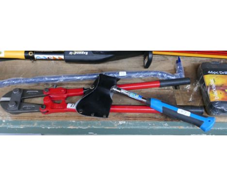 Pair of bolt cutters, small axe and a crow bar 