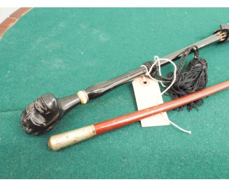 Victorian parasol with carved ebony handle in the form of a female head and a swagger stick 