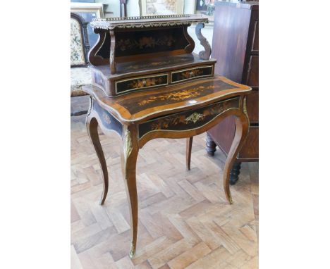 28" ladies French floral marquetry and ormolu mounted escritoire with drawers and shelf back, one long drawer under standing 