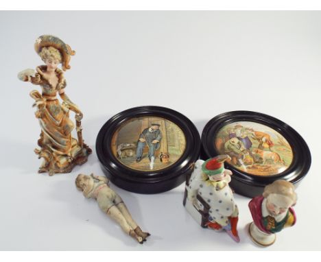 2 Victorian pot lids 'On Guard' and 'Lend a Bite', coloured bisque figurines, model of Shakespeare etc 
