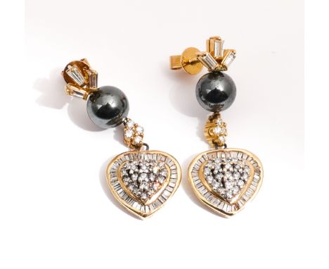 A pair of 18ct yellow gold pierced drop earrings set grey South Sea pearls and heart shaped  pave diamond set drops