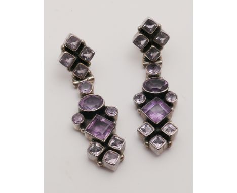 A pair of silver and 2 tone Amethyst drop earrings 