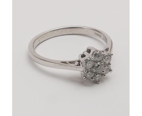 Modern 9ct white gold diamond cluster snowflake design ring - size O