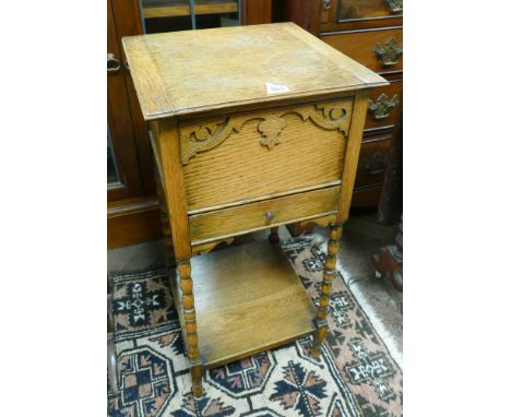 1920s square oak work box with fitted drawer with under tier standing on bobbin turned legs 