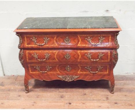 French inlaid Kingwood commode chest of 3 long drawers with gilt metal mounts and green marble top, 34" high x 4'6 wide
