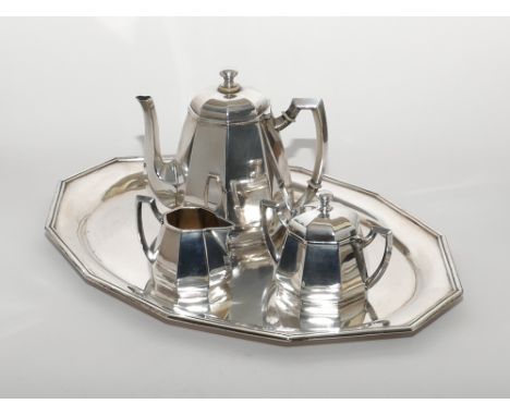 German art deco 800 standard silver coffee service of 3 pieces on matching tray - maker Lemor Breslau.  Weight approx 27oz tr