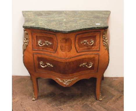 French Kingwood bombe front commode fitted 2 drawers with gilt metal mounts and green patterned marble top, 2'9 wide 