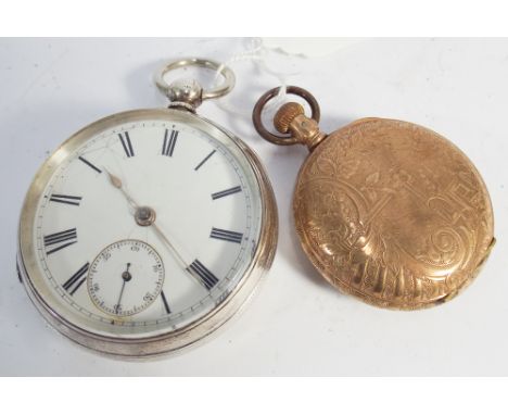 A Victorian silver open faced pocket watch and another in a gold plated hunter case