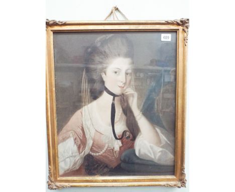 19th century watercolour portrait of a lady wearing a black silk ribbon around her neck unsigned in swept gilt frame image 19