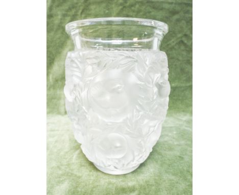 Lalique frosted glass Bagatelle vase,  decorated with birds in relief, 17cms tall signed Lalique France to base.      no obvi