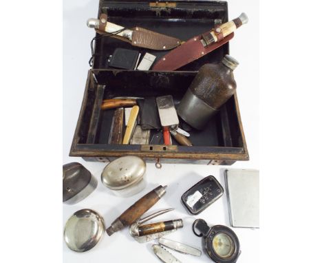 Locking metal deed box containing pen knives, snuff boxes, spirit flasks etc.      Barrel knives in good condition but large 