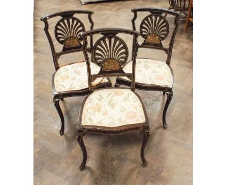 Set of 3 Edwardian inlaid mahogany dining or occasional chairs with fan back panels standing on cabriole legs with tapestry u