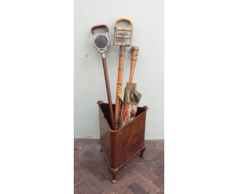 Victorian parasol with carved handle, bamboo shooting stick, one other and a walnut corner waste bin 