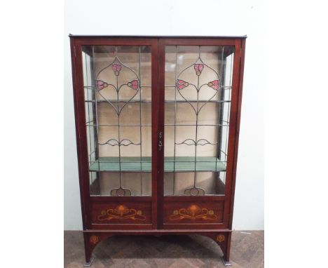 3'6 Edwardian art nouveau style coloured leaded glass panel china display cabinet with inlay to the bottom panels 