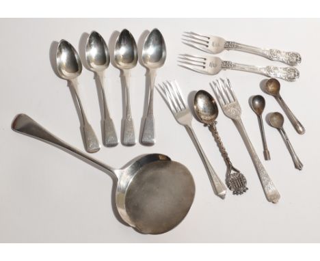 A mixed collection of silver items - pair of Irish silver forks, serving slice, four Georgian silver teaspoons and other odd 