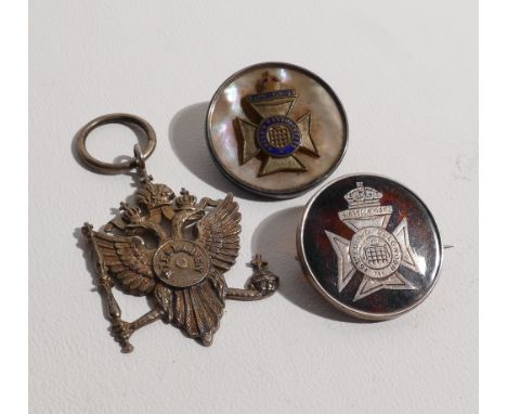 Two Great War sweetheart badges in silver/mother of pearl and silver/tortoiseshell and a Russian medal