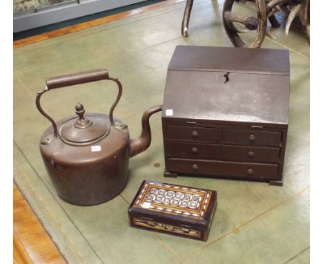 Miniature model of a bureau, inlaid trinket box and a copper kettle 
