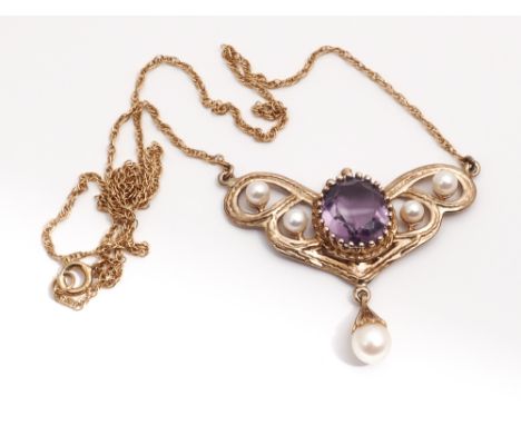 Art Nouveau style Amethyst and pearl pendant necklace set in 9ct yellow gold on a 9ct fine gold chain 